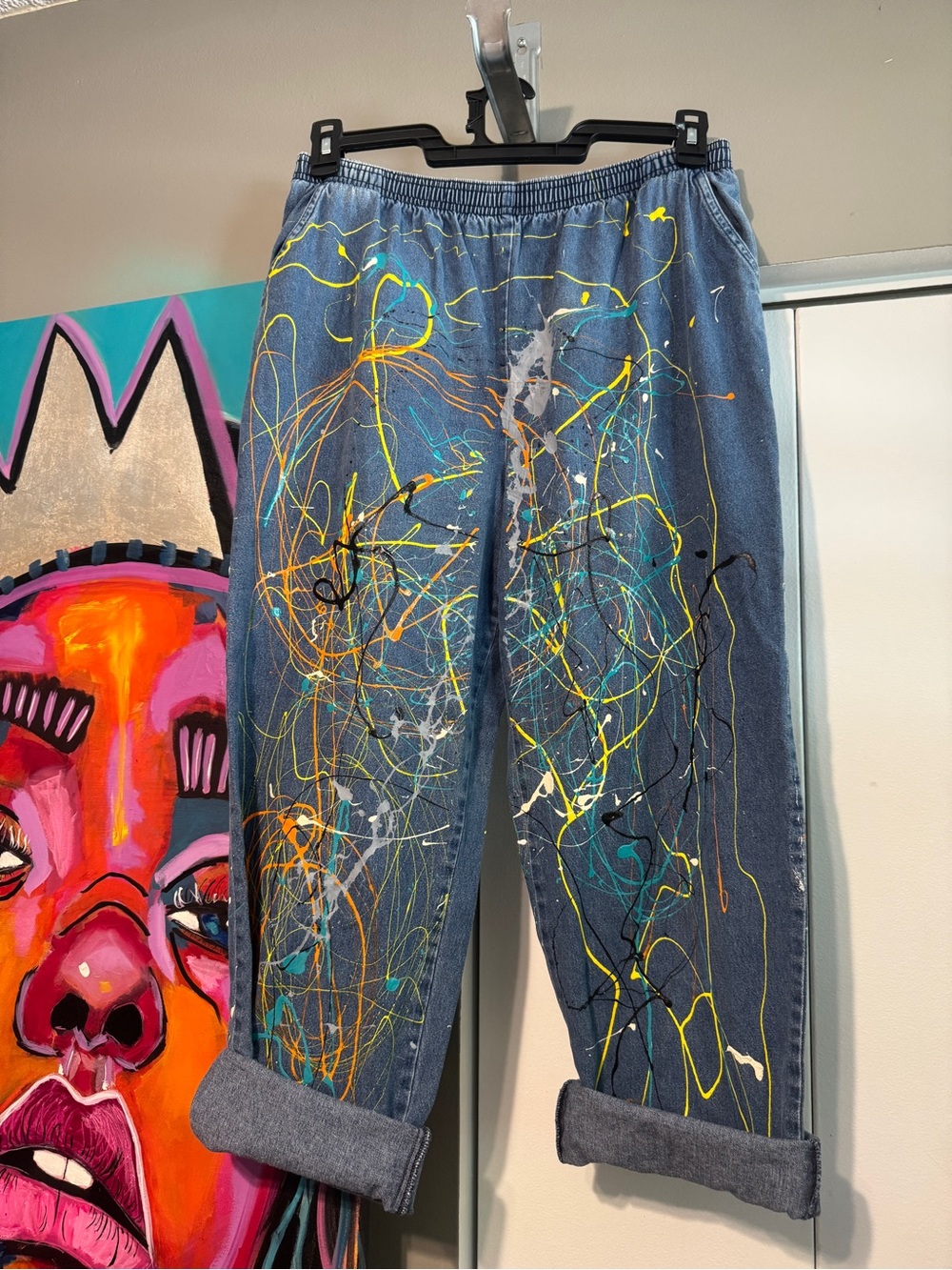 Upcycled Hand Painted High Waisted Elastic Denim Jeans Splatter Plus 14 - Picture 5 of 11